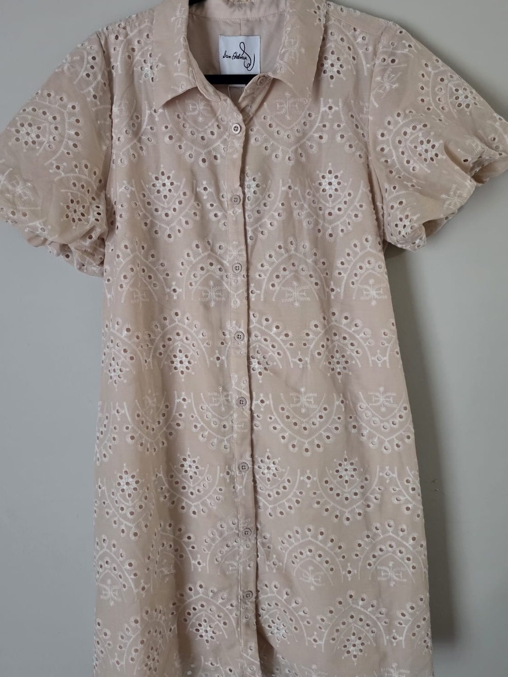 Eyelet Button-Front Shirt Dress - Neutral Beige
